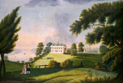 “Mount Vernon”. This painting shows a grassy, hilly landscape with trees around the edge and a wide river in the distance, dotted with small sailing ships.