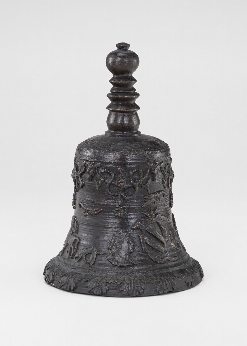 Hand Bell with Armorial Shield, Falconers, Basket, and Profile Portraits of Emperors (ancient and modern)