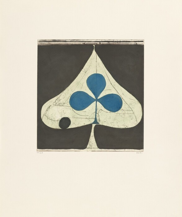 The image features bold lines and a central shape resembling a spade with a smaller blue club inside. The background is dark, contrasting with the central image. The design combines traditional card symbols with abstract elements.