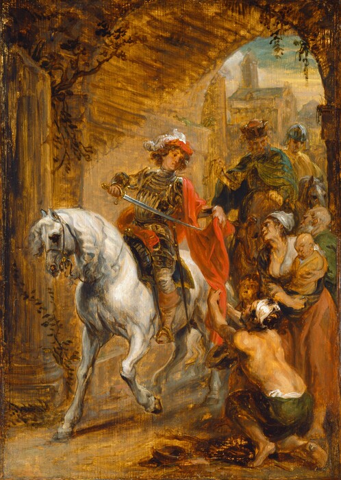 An armored man riding a white horse cuts his scarlet-red cloak in half using his sword in this loosely painted, vertical panel. The horse walks angled to our left, and a kneeling, bare chested person to the right holds both hands up and grips the other end of the cloak. A woman, a bearded, bald man, child, and baby are clustered behind the kneeling man. The baby sleeps in the woman’s arms, but she and the other child look up at the man on horseback, Saint Martin. The end of a staff or crutch and a shallow wooden bowl are by the kneeling person’s feet. Saint Martin’s silver armor gleams with gold decoration. He and all the others have pale, peach-toned skin. Saint Martin has chin-length, curly brown hair and wears a red cap with a white feather. Two more people on horseback are behind Saint Martin, and the trio rides under an arch twined with some brown vines. A church is visible in the distance through the arch.