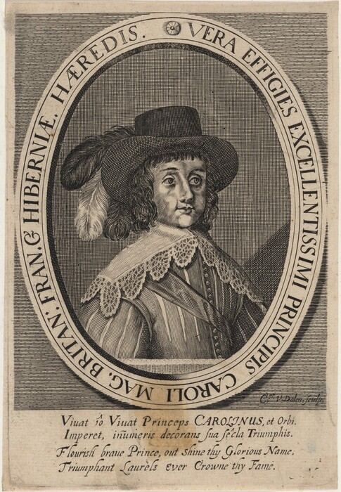 The image shows an engraving of a person from the chest up, facing slightly to their left. The individual, referred to as a prince, has long, curly hair reaching past the shoulders. They have an oval-shaped face with prominent features, including a pronounced nose and lips. The person wears a wide-brimmed hat with a large feather and a detailed jacket with light and dark vertical stripes. They have a high-collared lace shirt with a prominent lace edge. The figure is enclosed within an oval frame with surrounding text and a finely hatched background. The bottom of the image features a decorative border with text. The style resembles a classical engraving technique.
