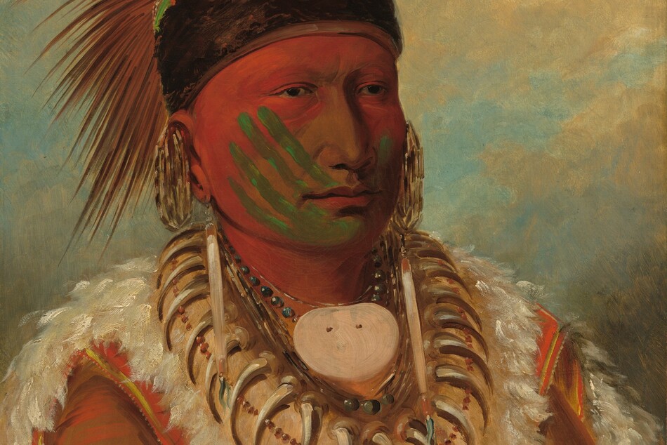 This vertical portrait shows the head, shoulders, and chest of an indiginous Iowan man with brown skin whose face is mostly painted with red and green. His body and face are angled to our right and he looks into the distance with dark eyes. Crimson-red paint covers his forehead, the sides of his cheeks, and neck. Four parallel lines of pine green angle up his right cheek, on our left, like the four fingers of a hand. A green line on the other cheek could be the thumb, and the palm might have left the green mark on his chin. The man’s nose and cheeks near the nose are unpainted. His spiky headdress is ornamented with two feathers and is held in place with a wide band of dark fur that wraps across his forehead and around the back of his head. Earrings hang from the lobes and tops of his ears, and he wears a necklace made up of bear claws, beads, and seashells, including an oval shaped, medallion-like shell at his throat. His garment is made up of white fur and what appears to be tawny-brown animal hide. Tan-colored clouds create a screen across an ice-blue sky in the background.