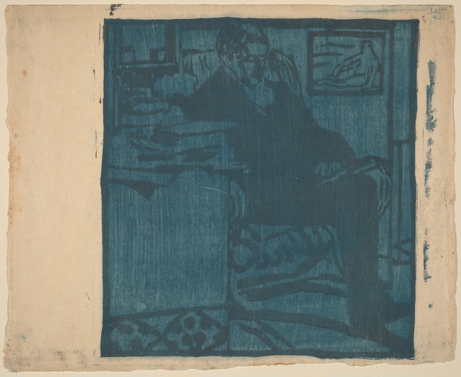 The image shows a person seated in a chair. The person's upper body is visible, with one arm resting on the chair's arm and legs crossed. Shadows partially obscure the person's facial features, but they appear to have short hair. The person wears dark clothing, potentially a suit, blending into the environment. No specific jewelry or objects are visible. The background features abstract shapes and patterns resembling furniture or interior decor, with a framed artwork on the wall. The composition is rendered in blue tones with minimal contrast between the figure and the abstract setting.