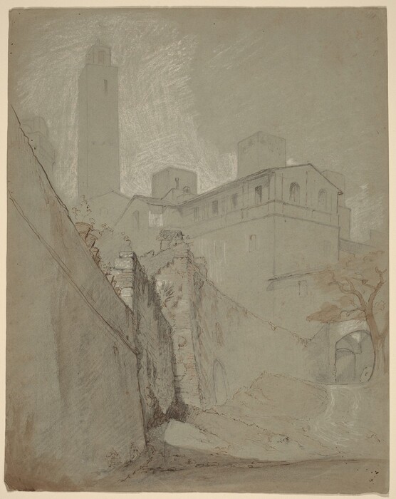 The image shows a group of aged buildings against a subtly detailed sky. The skyline is blocked by the buildings, positioned in the upper part of the image. In the foreground, there is a stone wall on the left leading to a narrow path curving to the right under a small archway. A single tree stands on the right. The style is sketch-like with soft brushwork. The color palette is muted, with shades of gray, soft browns, and gentle off-whites.