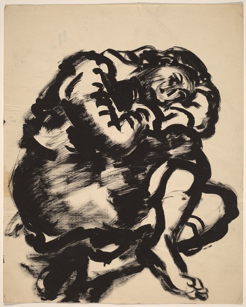 Seated Woman with Left Leg Tucked Under and Head Resting on Left Arm