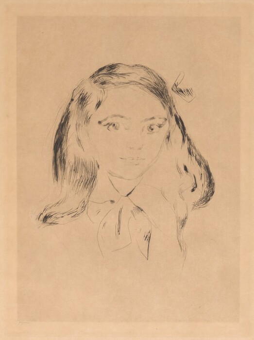 The image shows a sketch of a young girl's upper body, facing forward with her head slightly turned to the right. Her facial features are softly drawn, with emphasis on her eyes. She has long wavy hair with a large bow on top, and a bow around her neck. The background is plain, with a light texture.
