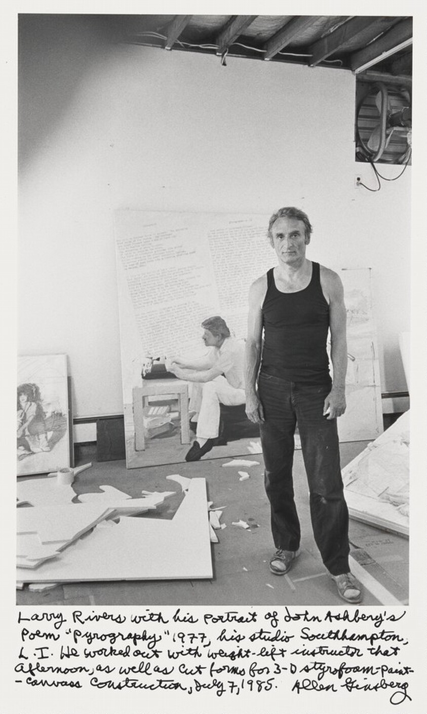 Larry Rivers with his portrait of John Ashbery's poem "Pyrography" 1977, his studio Southhampton, L.I. He worked out with weight-lift instructor that afternoon, as well as cut forms for 3-D styrofoam-paint-canvas construction, July 7, 1985