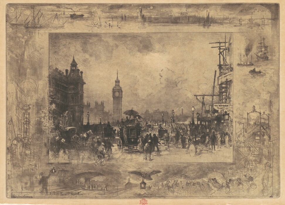 The image depicts an urban scene with notable landmarks such as a clock tower in the background. The view is from street level, capturing busy city activity. Historic buildings and the clock tower are visible on the horizon. The artwork appears to be an etching with fine lines and detailed textures. The color palette consists of brown tones, creating a sepia-like effect. The scene includes horse-drawn carriages, pedestrians with umbrellas, and street life in the foreground, while architectural silhouettes shape the distant skyline. The border features additional sketches of maritime scenes, architectural details, and urban life.