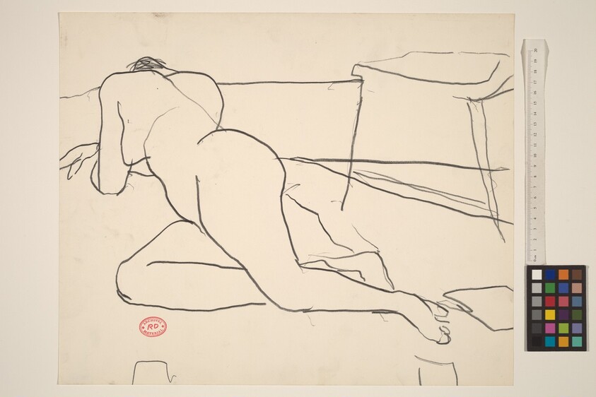 Untitled [reclining nude resting on her side and arms]
