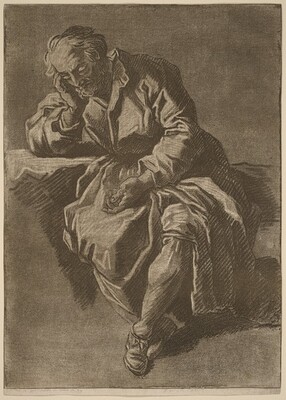 “A Seated Elderly Man Asleep”. The image depicts an elderly man from the waist up in a seated position.