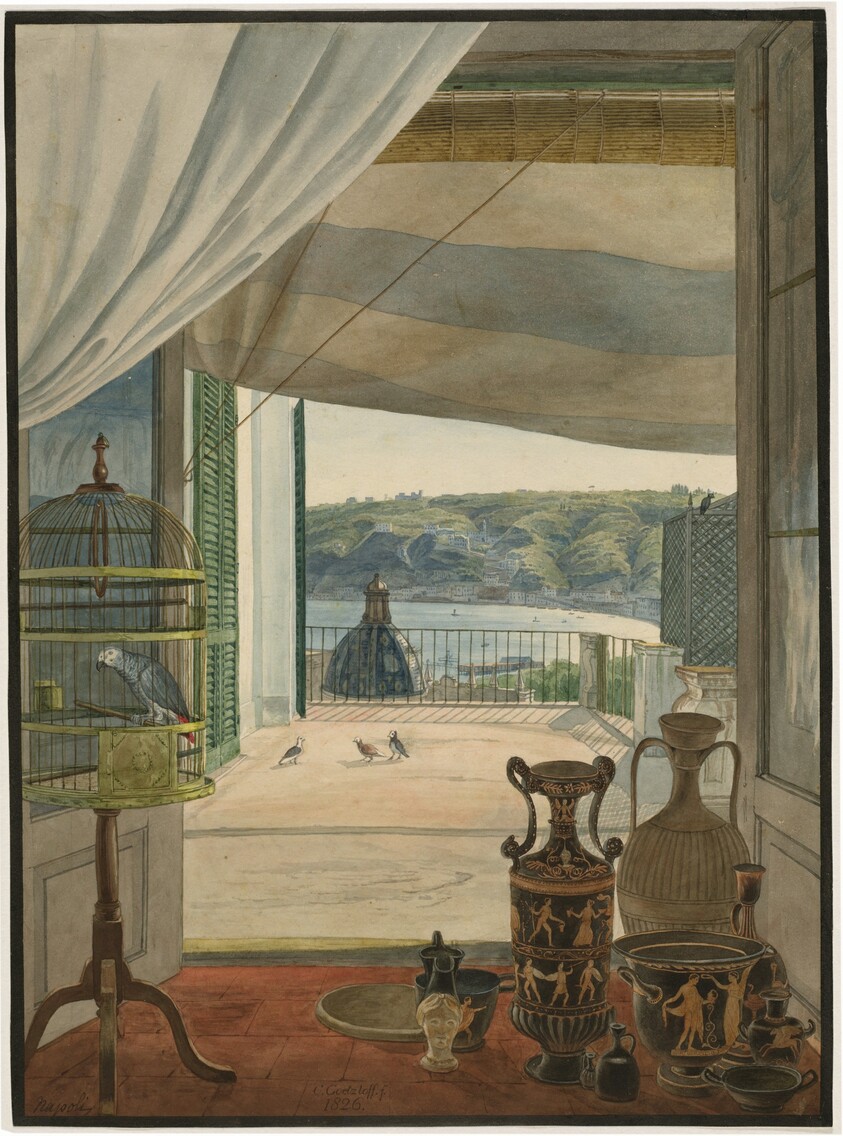 Antiquities by a Balcony Overlooking the Gulf of Naples