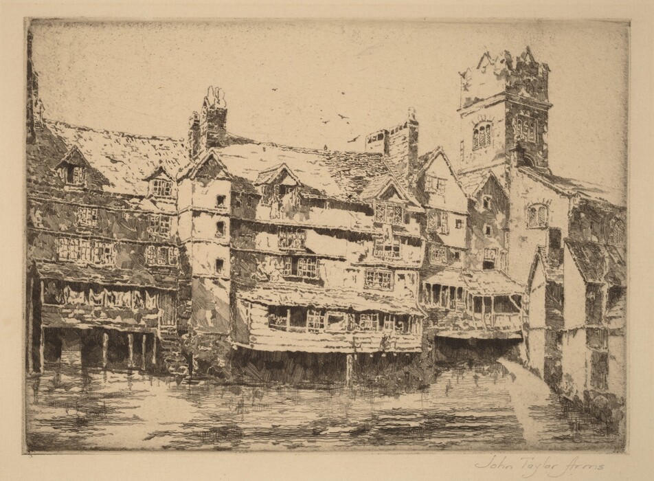 The image shows a row of historic buildings next to a waterway. The architecture is detailed, with windows and chimneys. The buildings dominate the composition. The etching strokes capture the texture of the buildings. The color palette is monochromatic with shades of sepia. The scene gives an impression of an ancient settlement. A tower is visible above the rooftops.
