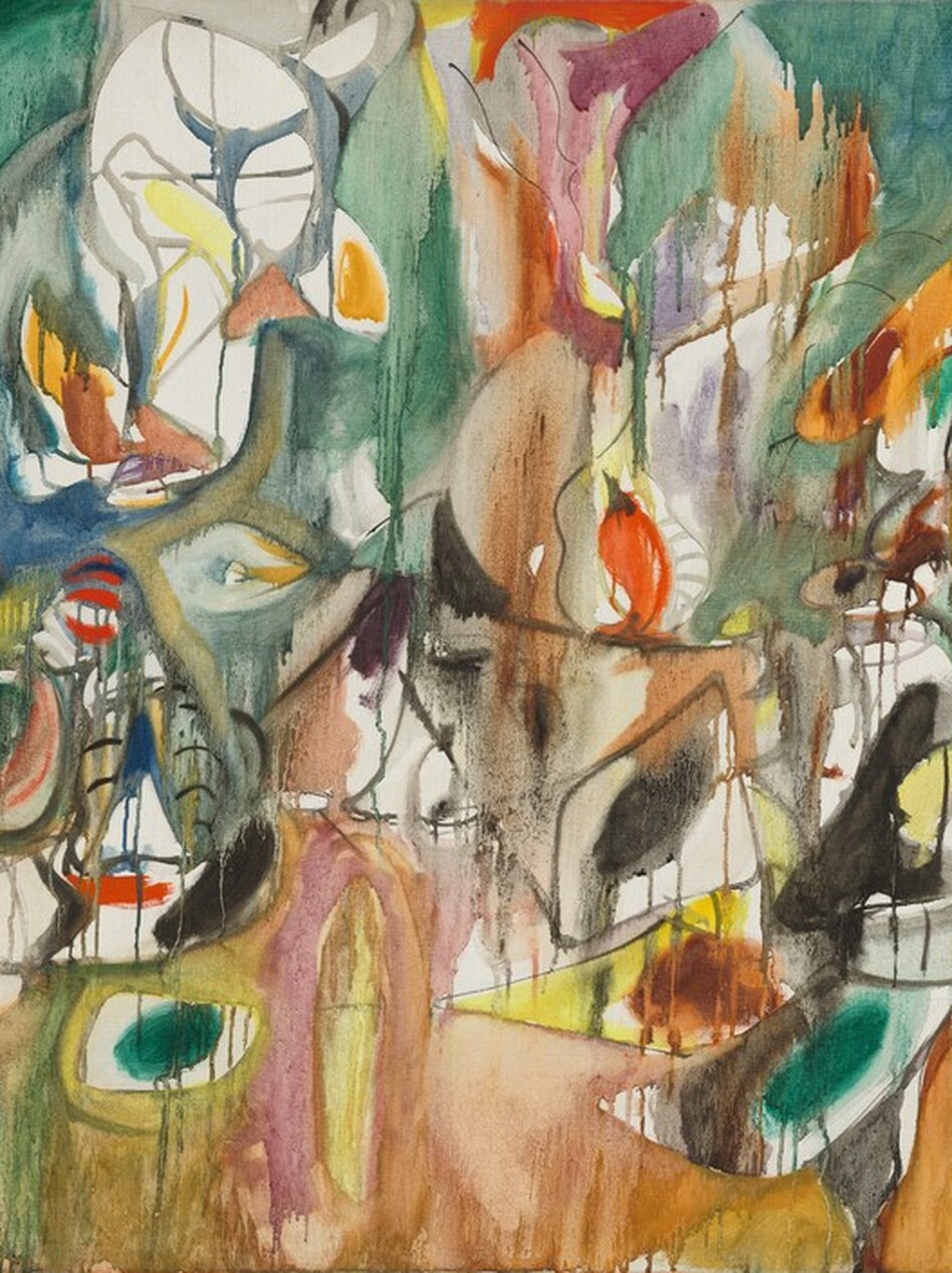 Abstracted forms are painted in grass green, black, pepper red, butter yellow, tawny beige, rose pink, and a few touches of ocean blue in this horizontal composition. The paint is applied thinly, almost like watercolor wash. Translucent layers of paint drip down the canvas and knit the colors and shapes together. Most of the forms create a roughly pyramidal shape at the center. Some are vaguely square-shaped while others are oval, circular, or triangular. Many of the forms are outlined in black, and some have spots of color at their centers. For instance, a cluster of shapes near the lower right includes two canted parallelograms outlined with black. One has an emerald-green oval at its center and the other a black oval. Other shapes in that area include a rust-red triangle, a solid black anvil-shaped form, and a butternut-orange circle surrounded by vibrant yellow. A caramel-brown area spans the bottom edge of the canvas. The artist signed and dated the lower left corner, “A. Gorky 44.”
