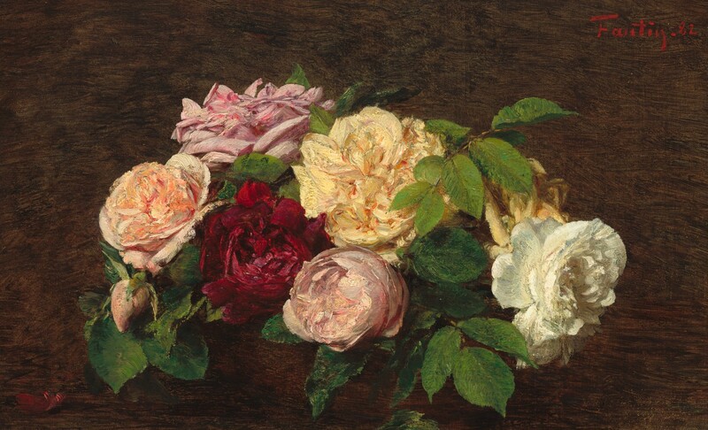 Seven roses in full bloom are clustered in a wide bouquet set against a dark brown background in this horizontal still life painting. The blossom to our left is peach, and a bud dips down in front of that flower. Behind it and to our right is a lavender pink rose, and then wine red, blush pink, and white. Two butter-yellow roses are along the top of the bouquet, and one of those faces away from us to the right. Spring-green leaves are interspersed throughout, and a single maroon-red petal sits lies on the table in the lower left corner of the composition. The scene is painted with visible brushstrokes, especially evident in the dark background. The artist signed and dated the painting with red paint in the top right corner, “Fantin. 82.”