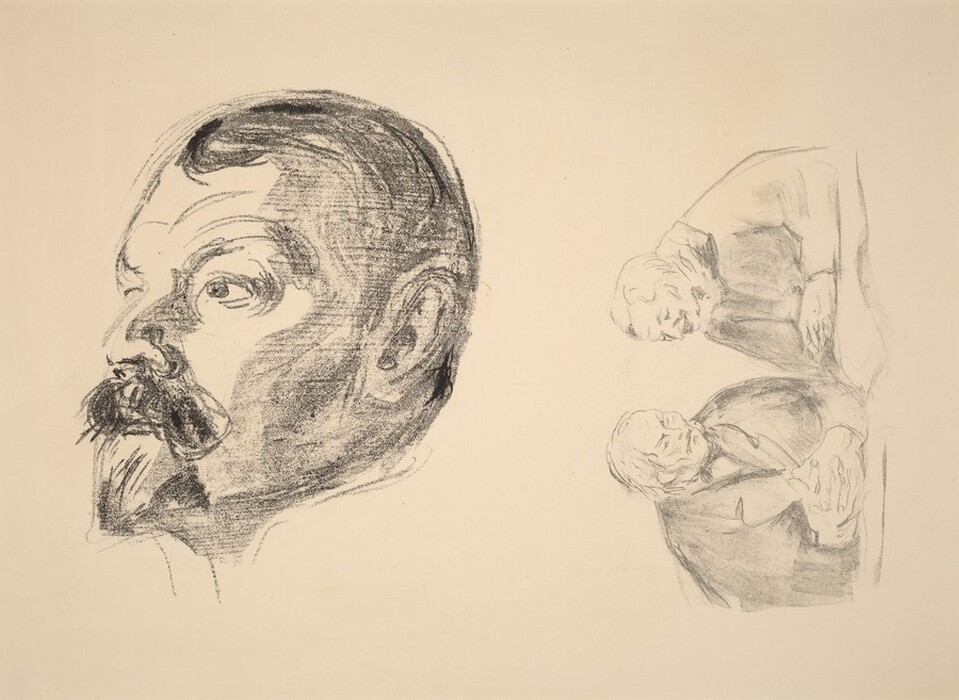 The image features three sketches on a plain, light background. On the left side is a detailed side profile of a man's head with prominent facial features. The right side shows two smaller sketches of men sitting, engaged in conversation. The men have bowed heads and folded hands. Both are wearing collared shirts with jackets, and one has visible hands. The background is a simple, unadorned surface.