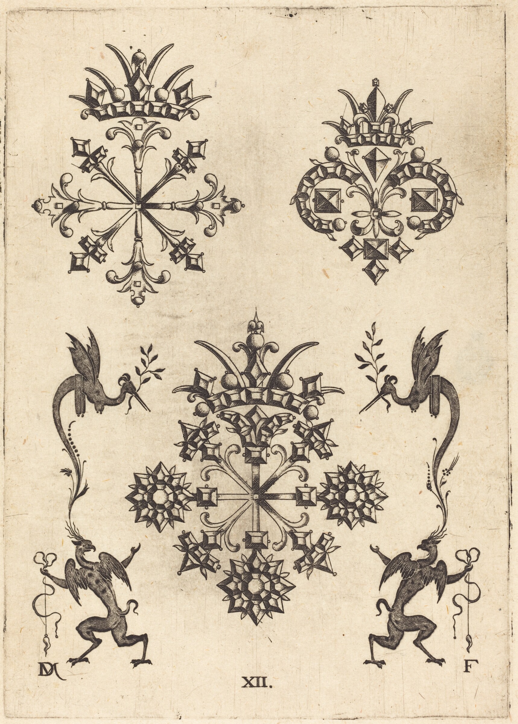Three Brooches with Winged Snakes at Left  and Right and Winged Griffins at Bottom, Daniel Mignot, 1596