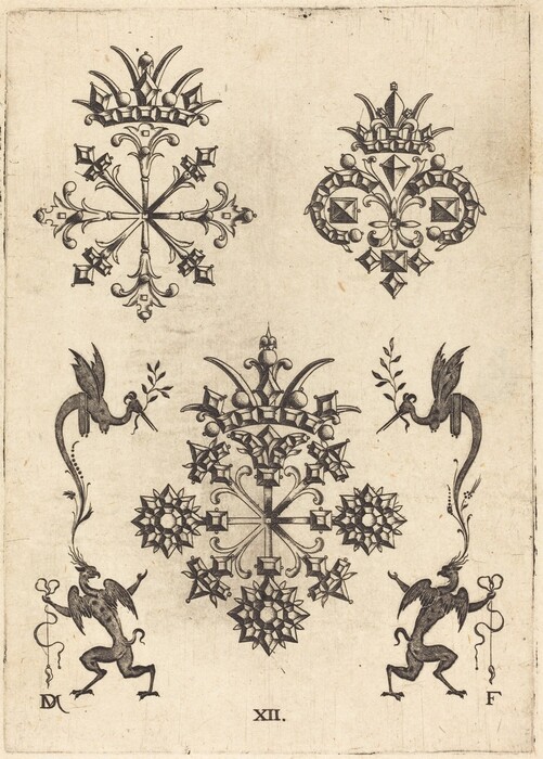 This is a drawing of intricate heraldic and decorative motifs. The central focus of the image is a large, ornately detailed symmetrical design consisting of floral and geometric elements, topped with a grand crown-like structure. Surrounding this central design are various other intricate, symmetrical motifs, each also incorporating similar decorative elements with floral and geometric aspects. Above this centerpiece are two similar, smaller designs, also with crown-like features and adorned with complex patterns. Flanking the central motif at the bottom are two mythical creatures, each resembling a combination of a bird and a dragon, with long, flowing tails and holding tendrils in their beaks. Below these creatures, on each side, are tiny detailed figures. The background is plain.
