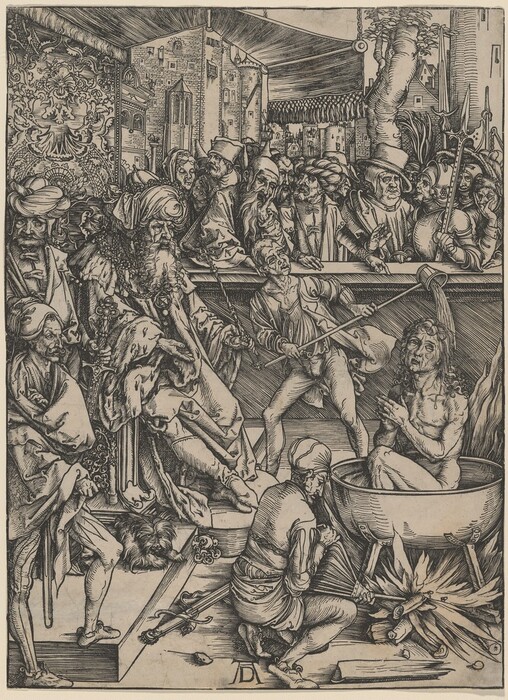 This is a drawing of figures gathered around a central event of a figure immersed in a large cauldron. The artwork features elaborate details and expressions. The drawing showcases a variety of characters in diverse attire. The central figure in the cauldron appears distressed, as someone tends to a fire beneath, while other figures surround them, some appearing as observers, others engaged in the proceedings. The background is adorned with architectural and decorative elements.