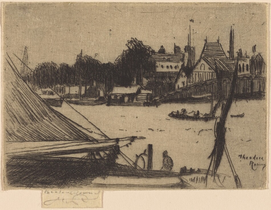 The image shows a view across a river or body of water towards a town or cityscape. The horizon line runs through the middle of the image, marked by the silhouette of buildings and trees. The technique seems to be a detailed etching with fine lines and cross-hatching creating depth and texture. The color palette is monochromatic, using various shades of gray for light and shadow. Closest to the viewer are elements like the edge of a ship, ropes, and a couple of figures. Further out, there are small boats on the water, and in the distance, trees and architectural structures populate the horizon. Subtle indications of structures and foliage fill the background, creating a urban riverscape.