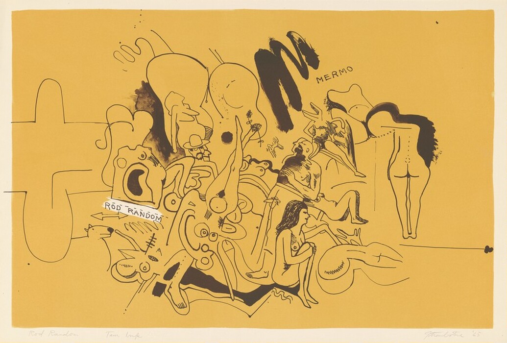 The image contains curved and jagged black lines on a mustard yellow background. There are stylized figures and shapes among the lines, with some resembling human forms. A large, extended "M" shape is near the upper right, labeled "MERMO". There is also a hand pointing left labeled "RÓD RANDOM" and other body parts and faces within the composition.
