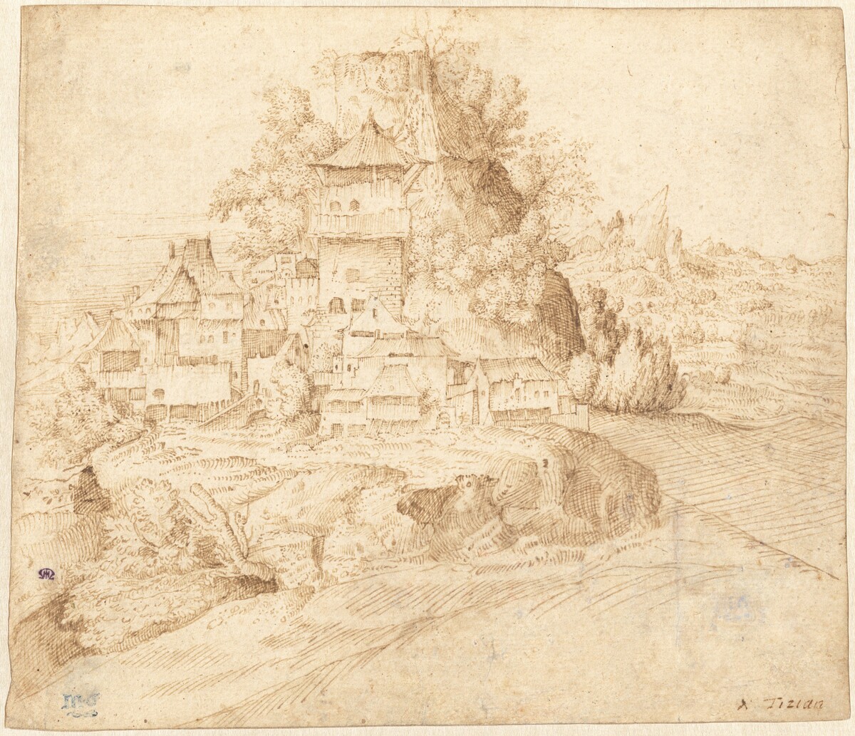 A Village Nestled at the Foot of a Hill (recto)