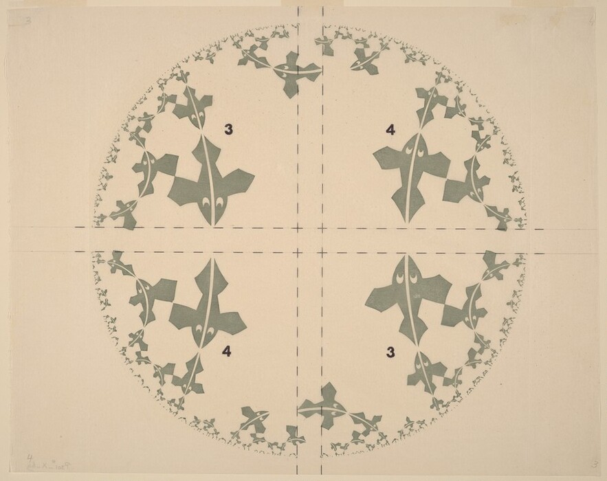 The image shows a circular design divided by dashed lines into four quadrants. Each section contains repeated abstract shapes resembling fish or birds with a symmetrical pattern, outlined in a greenish hue. The shapes are arranged in rotational symmetry around the circle and vary in size, creating a sense of movement toward the center. Numbers "3" and "4" are included within the circle, suggesting a progression or sequence. The overall composition evokes mathematical elegance similar to a kaleidoscope pattern or the organic form of a coral reef.