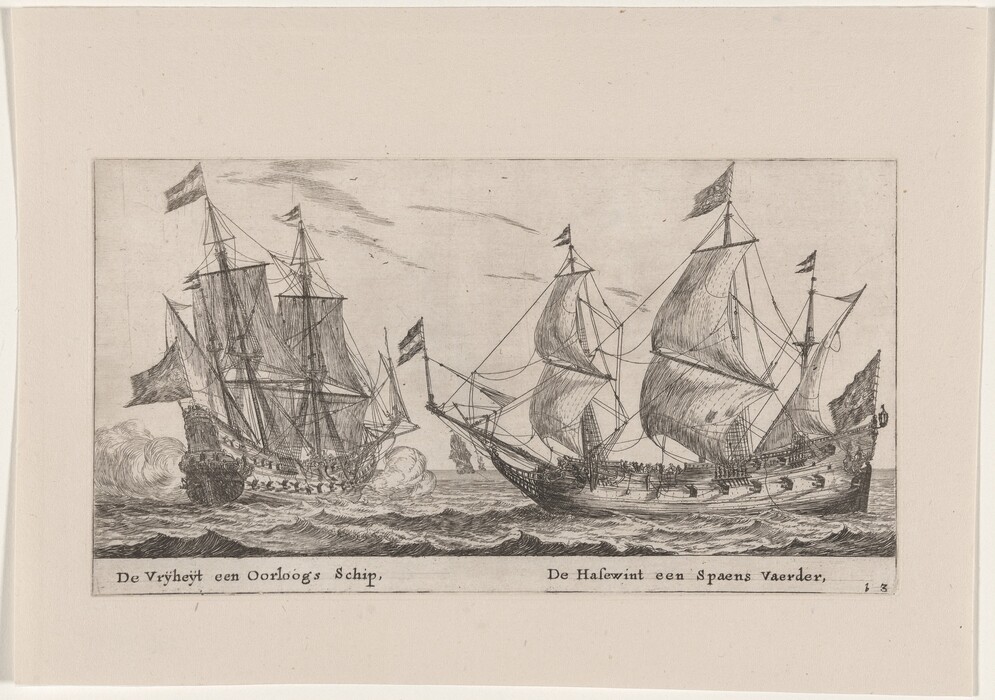 The image shows a naval scene with two sailing ships at sea. The horizon line is near the top of the image, with the sea below. Both ships have sails extended, with flags on the masts. The ship on the left is larger with dark sails, while the ship on the right has lighter sails. The details are precise, showing texture of sails and water movement. Waves are detailed, conveying motion. The grayscale palette emphasizes the linework and contrasts between the ships and surroundings.