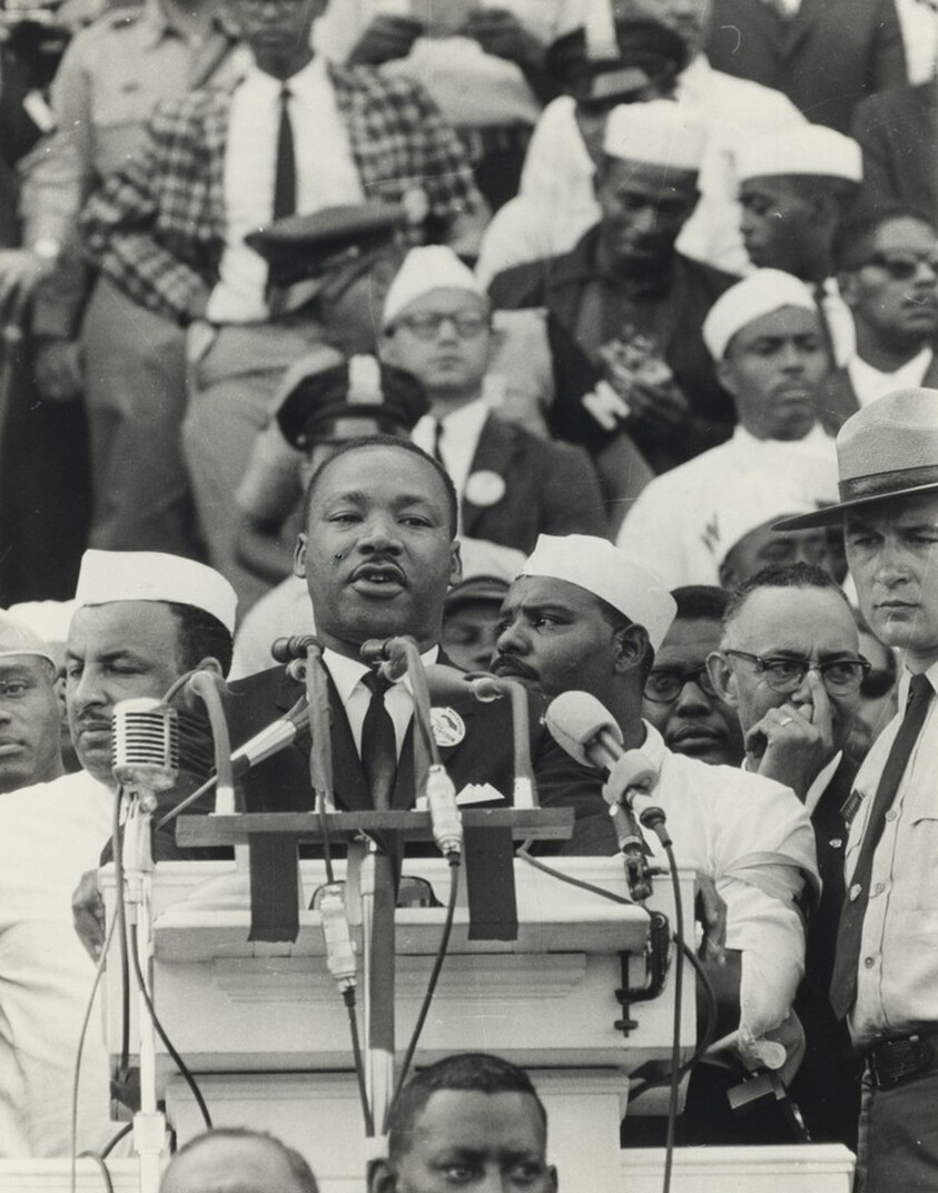 Title from caption on object: “Dr. Martin Luther King Addresses Thousands...”