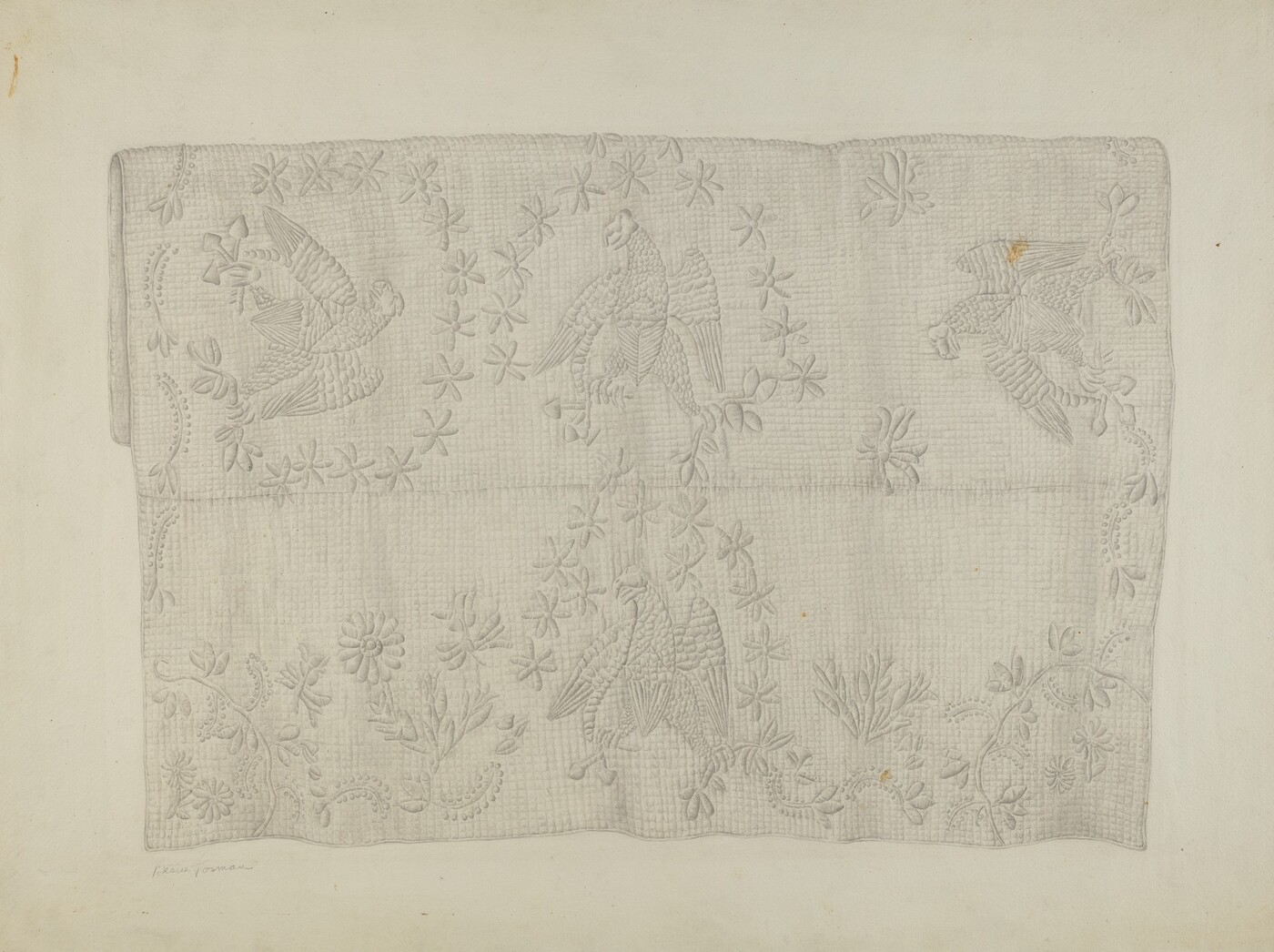 The image displays a textile with embroidered patterns. Three birds surrounded by floral motifs are the main focus. The color scheme is primarily gray and off-white. The textile fills most of the image, with the birds and floral designs symmetrically arranged across it.