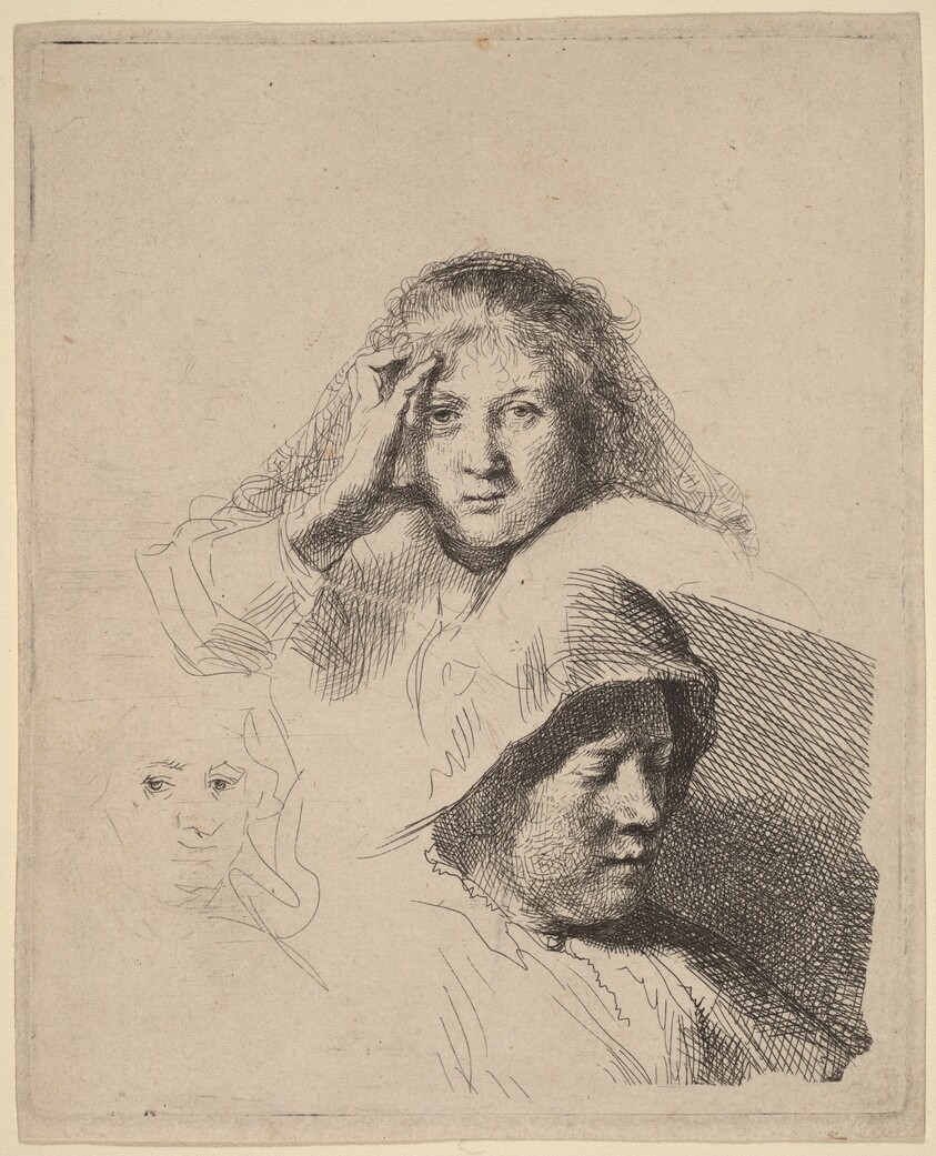 Three Heads of Women, One Lightly Etched