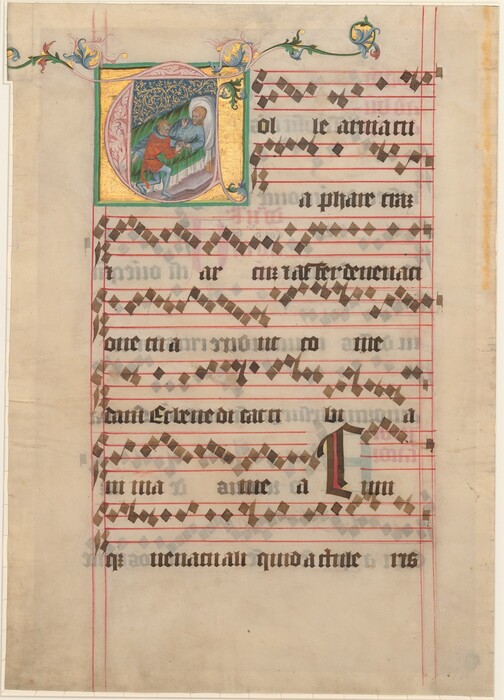 This is a painting of a decorated manuscript page featuring an illuminated initial. The page is part of an illuminated manuscript, showcasing a large, intricately illustrated initial letter. Within this letter, a small scene takes place, surrounded by ornate floral patterns in gold and other vibrant colors. The rest of the page contains musical notations and Gothic script written on a series of horizontal red lines. The decorative elements and style of illumination are reminiscent of the Gothic period, commonly seen in religious texts from the Middle Ages.