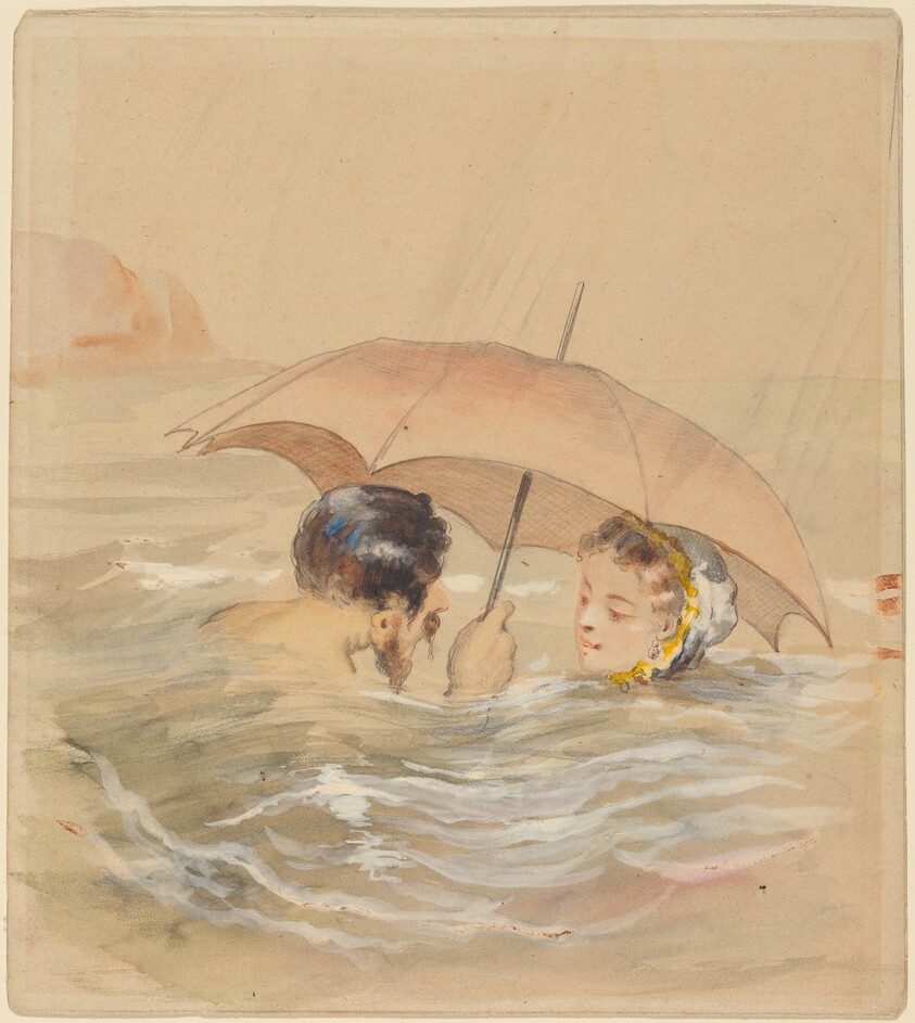Male and Female Bathers with Umbrella