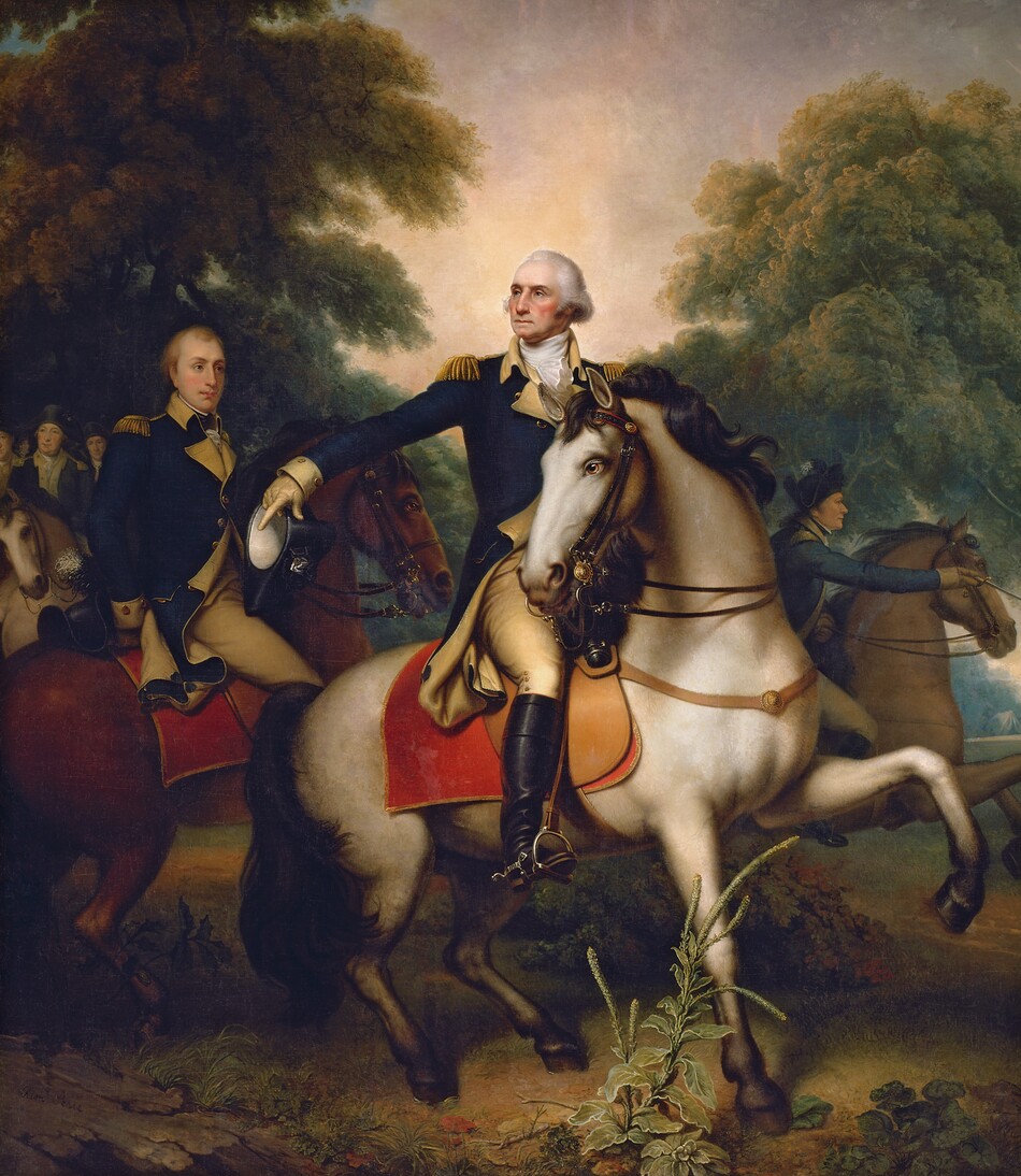 A man wearing a military uniform and riding a horse gestures in front of a small band of soldiers in this vertical painting. All the men have pale skin and wear navy-blue and flax-yellow uniforms. The central man, George Washington, and the cream-white horse he rides take up most of the composition. The horse has a glossy black mane and tail, and black hooves. The horse stands with its body facing our right in profile, one front leg lifted, but it turns its head to look off to our left with clear brown eyes. There is a scarlet-red blanket under the fawn-brown saddle. Washington also turns his head to our left to look up and off in that direction. He has a high forehead, a beaked nose, and his thin pink lips are pressed in a line. He has ruddy cheeks, a dimpled chin, and jowls along his jawline. His white hair is streaked with gray, and it sweeps back from his high forehead and bushes out over each ear. His blue jacket has gold epaulets, a high yellow collar around a white neckerchief, and gold-colored buttons down the front. The uniform also has yellow lapels, cuffs, and knee-high britches. The toe of his knee-high black boots pushes against the horse’s stirrup. Washington holds his right arm, to our left, out and points down with a gloved hand, which also holds a black, tricorn hat. The nearest man, just behind Washington to our left, rides a chestnut-brown horse. He is cleanshaven with blond hair, and looks at Washington, one hand tucked behind his lower back, where his hat rests on the horse’s rump. Several more men ride together under a grove of trees to our left, and the final rider lurches forward on a horse whose two front legs are raised midstride, to our right of Washington. The dirt ground beneath has some scrubby grass and a few plants. Tall, leafy green trees stretch to the sky to either side of the painting. The artist signed the painting in the lower left corner, on a rock. It reads, “Remt. Peale.”