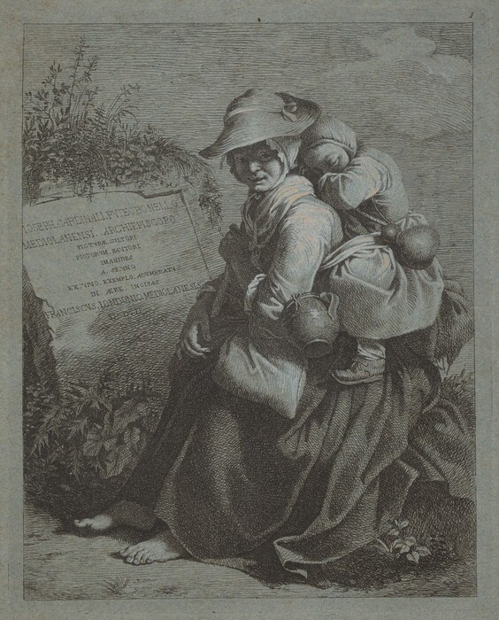 The image shows an etching of a woman seated with a child on her back. The woman is wearing a long dress and a hat, and she carries a jug. The child is dressed similarly to the woman and appears secure. In the foreground, there is a carved stone with inscriptions and foliage. The background is a detailed sky.