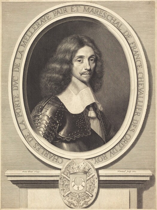 The image is an engraved portrait showing an upper body view of a man turned slightly to the left. The man's hair is long, wavy, and falls past his shoulders. He has a serious expression, pronounced cheekbones, a neatly trimmed mustache, and a pointed goatee. He is wearing formal armor with intricate detailing, including visible rivets and decorative patterns, along with a large white lace collar. The portrait is set within an oval frame. At the bottom is an ornate shield with various heraldic symbols, including a crescent moon. The background of the image is a simple lined pattern.