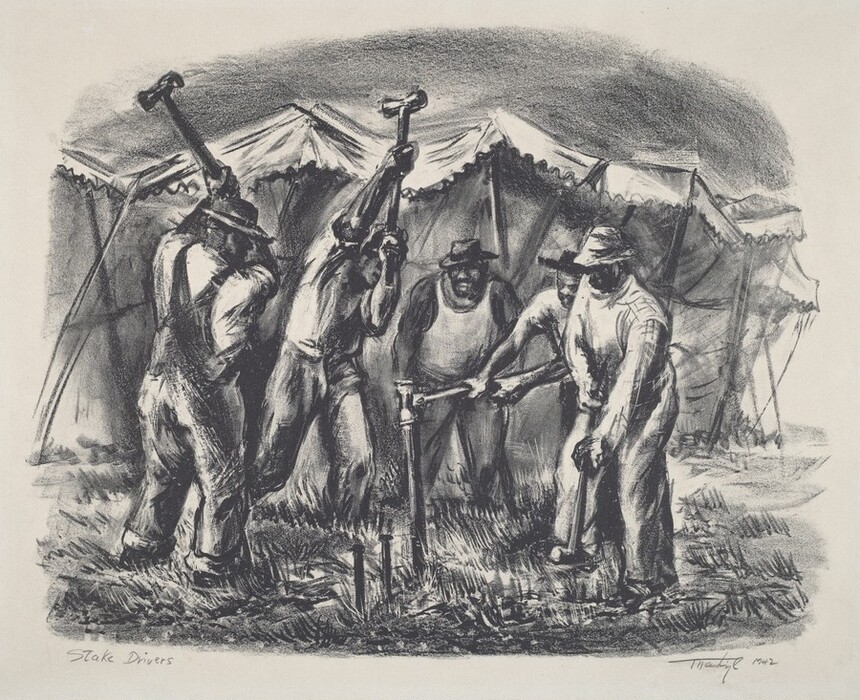 This is a drawing of figures engaged in manual labor, driving stakes into the ground. Several individuals are positioned in a semi-circle, each holding long-handled sledgehammers raised above their heads. A large tent structure is visible in the background. The drawing emphasizes the muscular tension and concentration in the figures, focusing on their collective effort. The use of shading and line work imparts a sense of momentum and strength.