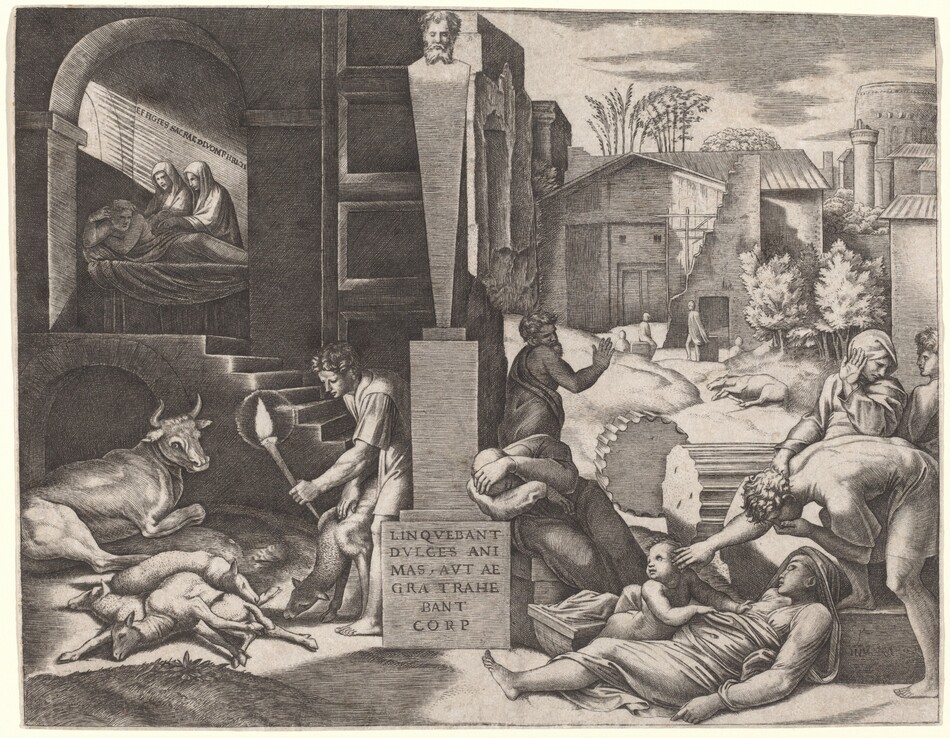 Printed with black lines and hatching, a shadowy structure to the left is separated from an open space leading back to another building by a herm, which has a human head atop a squared column, in this horizontal engraving. In the structure to the left, a cleanshaven young man holds a burning torch up to look at three dead sheep lying in a heap on the ground. A fourth sheep nibbles at the earth beside the man, and a cow lies at the edge of the torchlight to the left. A half flight of stairs leads up to a second level, where a man lies on his side on a bed. Two women with their heads covered attend to him on the far side of the bed. Light pours in through an arched window over the head of the bed, and text, also appearing to stream in, reads, “EF FIGIES SACRAE DIVOMP HRI.” On the right half of the composition, two men hunch over a dead woman while a baby pulls on her breast. One man reaches out and touches the baby’s face with one hand while touching his own with the other. An older woman behind the trio to the right holds up one hand, palm facing out, to hide her face, and a young person looks on next to her. A bearded man turns away on the other side of the scene. A broken column with fluted sides lies just beyond this group. An animal, perhaps a horse or donkey, lies next to the path in the near distance. One person stands and three people sit near or on two boxes farther back, right in front of the building that encloses most of the space on the right half of the composition. More towers, rooftops, and buildings fill in the gap between the main structure and the right edge of the composition. The herm separating the two scenes has a square base, tall, rectangular pedestal, and an angular, triangular section beneath the man’s head, which has eyes closed. Text on the bottommost base reads, “LINQVEBANT DVLCES ANIMAS, AVT AEGRA TRAHEBANT CORP.”