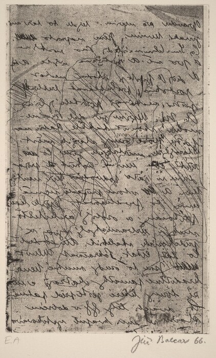 The image shows swirling lines arranged in a complex pattern, creating shapes and curves that intersect across the canvas. The composition is abstract with overlapping lines resembling a network of scribbles or loops. Fragments of handwriting are interspersed across the lines, resembling a layered, textured surface akin to a journal page or sketchbook.