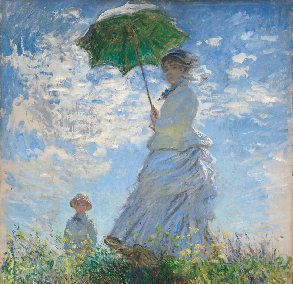 From low on a hillside, we look up at a light-skinned woman and boy standing in tall grass against a sunny blue sky in this vertical painting. The woman stands at the center of the composition, and the moss-green parasol she holds over her head almost brushes the top edge of the canvas. Her body faces our left but she turns her head to look at us. Her long dress is painted largely with strokes of pale blue and gray with a few touches of yellow. Her voluminous skirts swirl around her legs to our left. She holds the parasol with both hands, and her brown hair is covered with a hat. Long strokes of white paint across her face suggest a veil fluttering in the breeze. The tall grass she stands in is dotted with buttercup yellow and plum purple, and she casts a long diagonal shadow along the grass toward us. The young boy seems to stand on the other side of the hill, since the grass and flowers comes up to his waist. He wears a white jacket and pale yellow straw hat. His arms are by his sides, and he seems to look off into the distance to our left. A sunny blue sky behind the people is dotted with bright blue clouds. The painting is created with loose brushstrokes throughout, and they are especially choppy in the clouds. The artist signed and dated the painting in royal-blue letters at the lower right: “Claude Monet 75.”