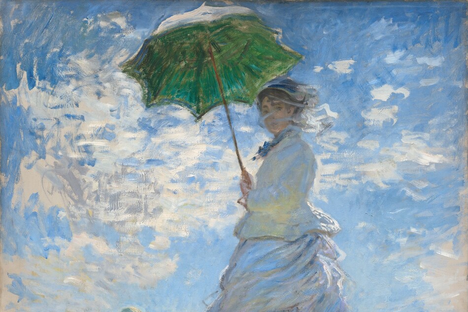 From low on a hillside, we look up at a light-skinned woman and boy standing in tall grass against a sunny blue sky in this vertical painting. The woman stands at the center of the composition, and the moss-green parasol she holds over her head almost brushes the top edge of the canvas. Her body faces our left but she turns her head to look at us. Her long dress is painted largely with strokes of pale blue and gray with a few touches of yellow. Her voluminous skirts swirl around her legs to our left. She holds the parasol with both hands, and her brown hair is covered with a hat. Long strokes of white paint across her face suggest a veil fluttering in the breeze. The tall grass she stands in is dotted with buttercup yellow and plum purple, and she casts a long diagonal shadow along the grass toward us. The young boy seems to stand on the other side of the hill, since the grass and flowers comes up to his waist. He wears a white jacket and pale yellow straw hat. His arms are by his sides, and he seems to look off into the distance to our left. A sunny blue sky behind the people is dotted with bright blue clouds. The painting is created with loose brushstrokes throughout, and they are especially choppy in the clouds. The artist signed and dated the painting in royal-blue letters at the lower right: “Claude Monet 75.”