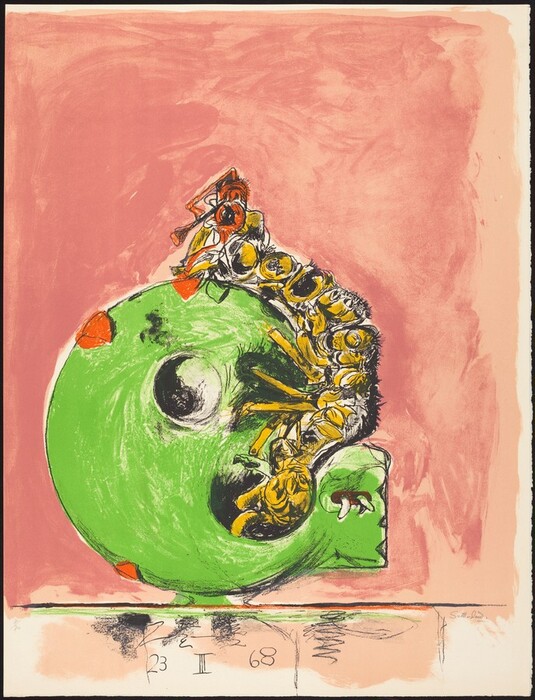 The image contains a combination of curved and jagged lines forming an abstract figure that merges organic and geometric elements. The primary shape resembles a round, green form with black circular areas resembling eyes and a smaller form suggestive of a nose. Atop this green shape is a series of yellow and black segments twisted resembling a caterpillar or centipede. The background color is pinkish-red, enhancing the surreal quality of the composition. familiar objects within this arrangement evoke the appearance of an insect intertwined with a spherical object, possibly depicting a distorted, organic structure.