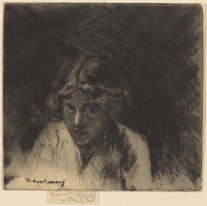 The image shows a close-up portrait of a seated individual from the chest upwards. The person is slightly turned to the left, with their head angled downwards, casting a shadow across their face. Their features include dark, expressive eyes and a closed-lipped expression. The shoulder-length, wavy hair is dark and merges with the background. The person wears a light-colored garment and is set against a dark, textured background. The style appears to be an etching or print, with shading and lines adding depth to the portrait.