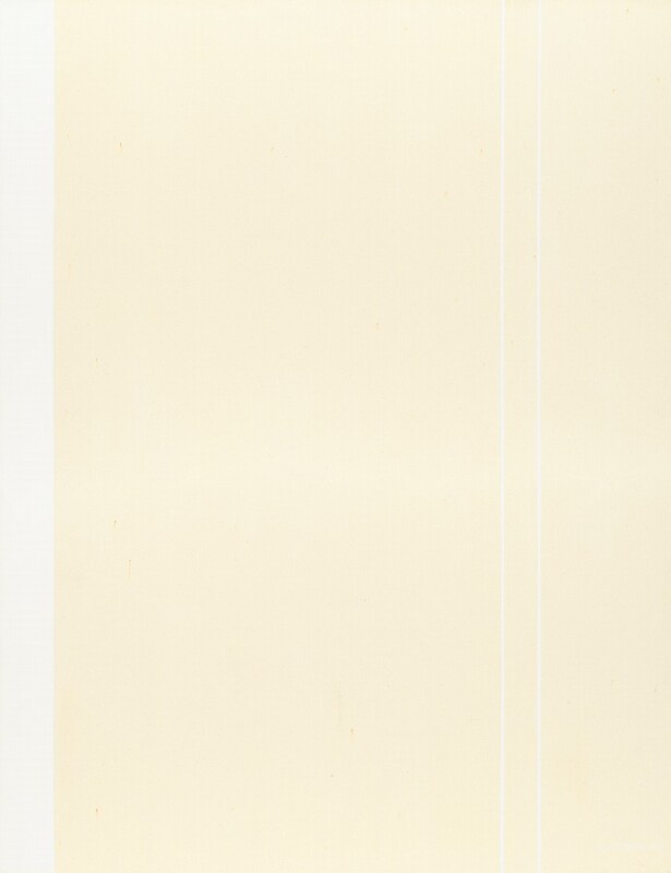 A bright white strip and a pair of white lines span the height of this otherwise cream-white, vertical, abstract painting. The wider white strip is along the left side of the canvas, and the pair of thinner lines are near each other about three-quarters of the way across from the left. The artist signed and dated the painting in the lower right corner in white, “Barnett Newman 1965.”
