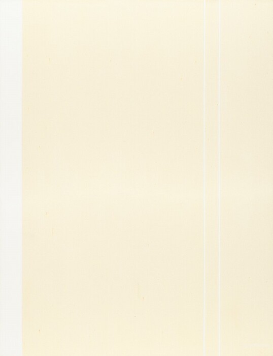 A bright white strip and a pair of white lines span the height of this otherwise cream-white, vertical, abstract painting. The wider white strip is along the left side of the canvas, and the pair of thinner lines are near each other about three-quarters of the way across from the left. The artist signed and dated the painting in the lower right corner in white, “Barnett Newman 1965.”