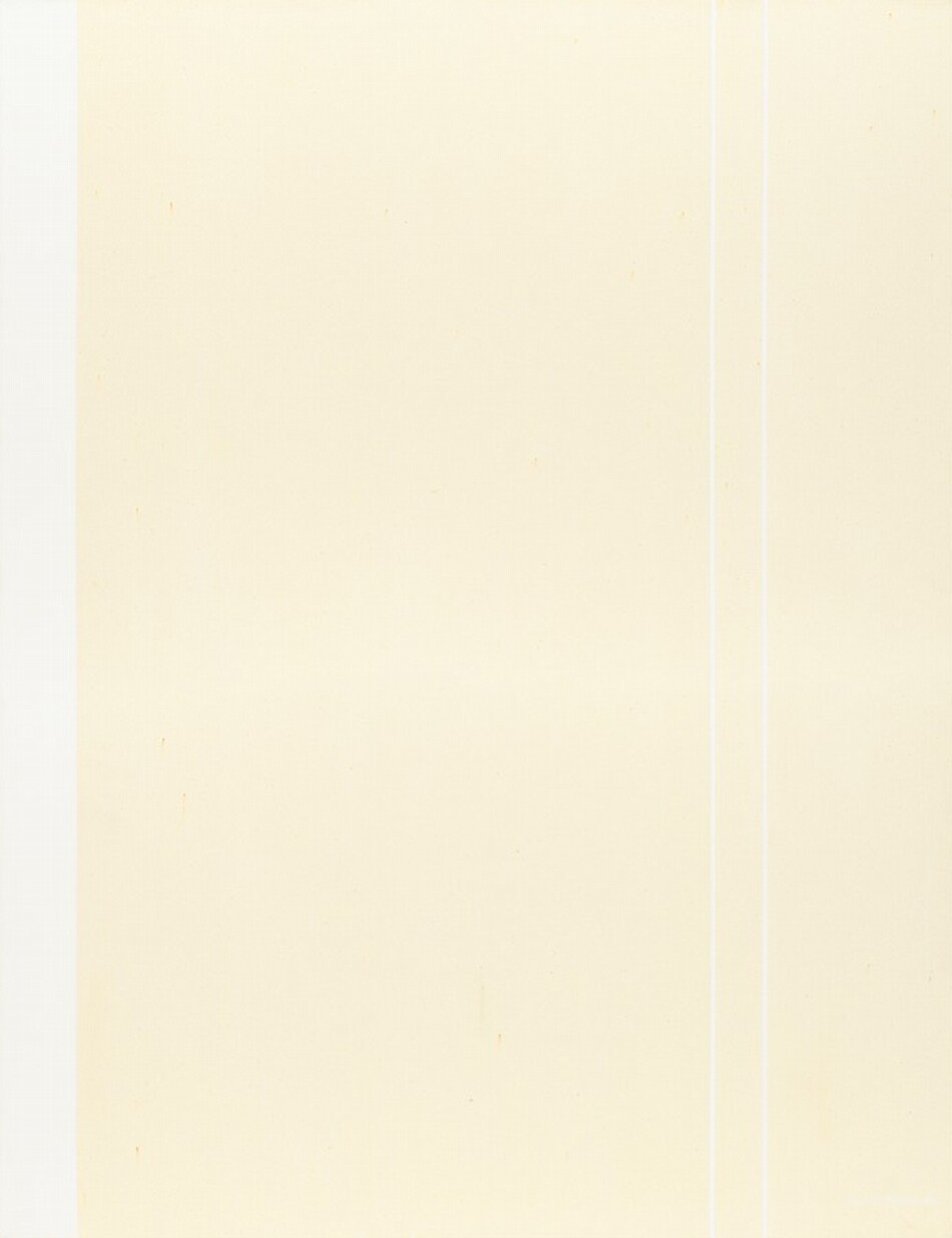 A bright white strip and a pair of white lines span the height of this otherwise cream-white, vertical, abstract painting. The wider white strip is along the left side of the canvas, and the pair of thinner lines are near each other about three-quarters of the way across from the left. The artist signed and dated the painting in the lower right corner in white, “Barnett Newman 1965.”
