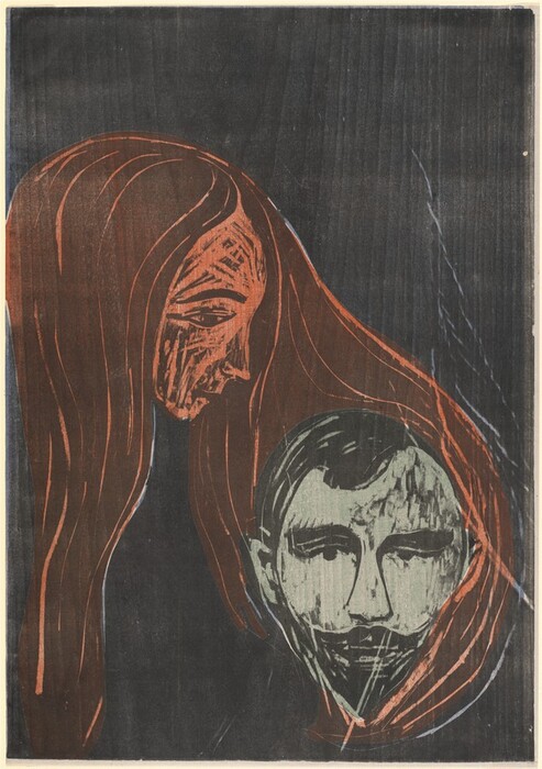 The image shows two heads, one angled sideways with red-orange hair flowing straight down and deep grooves on the face, and the other head facing the front with distinct features in bluish-gray tones. The background consists of a dark textured surface, contrasting with the vivid tones of the heads and hair.