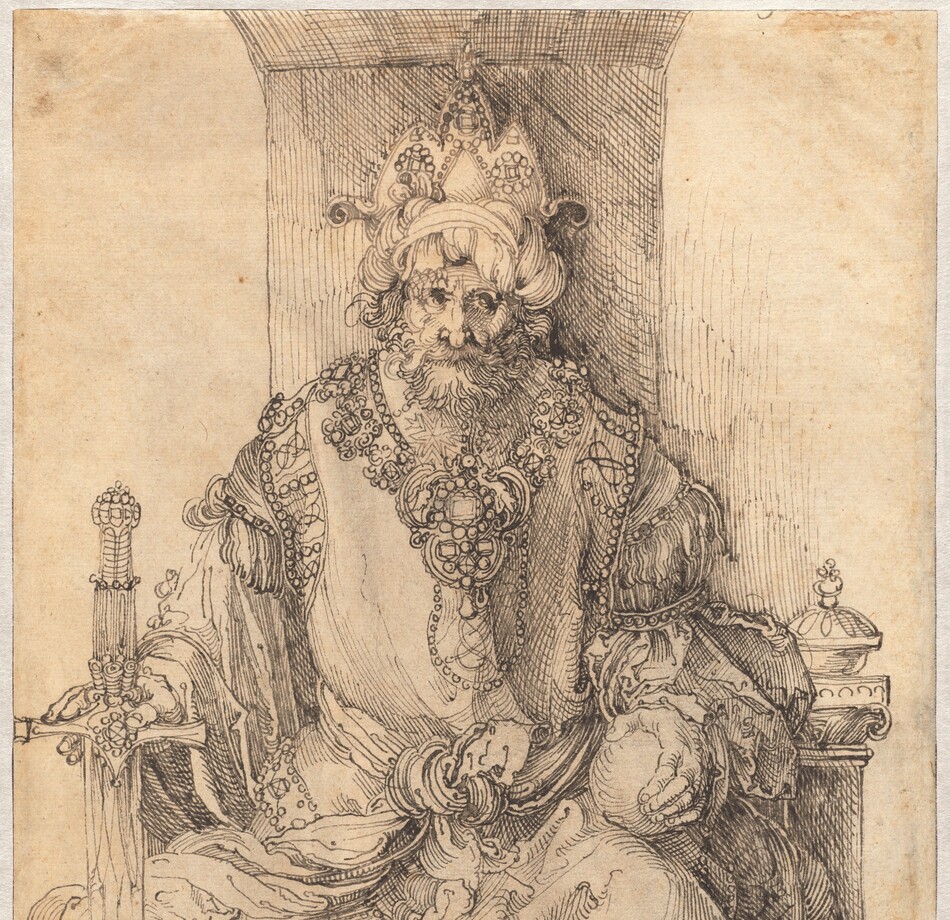 A crowned, bearded man sits facing us on a throne, and he holds a sword and orb in this vertical drawing, which was made using black ink on parchment-colored paper. A three-peaked, jeweled crown nestles in a twisted turban on the man’s head. He faces us but his eyes look to our right, and he has a long, hooked nose and flowing hair and beard. A band of ornate jewels could be a collar resting over his shoulders and on his chest, or it could be that the edge of his robe is elaborately decorated. His robe has voluminous, flowing long sleeves and his garment is decorated with bands of jewels and fringe at the shoulders, hem, and down the front. His left hand, on our right, rests on a round orb about the size of an orange, and he holds the hilt of a jewel-encrusted sword upright with his other hand so the tip of the sword rests on the ground. The artist signed the work with his initials at the bottom center: “AD.”