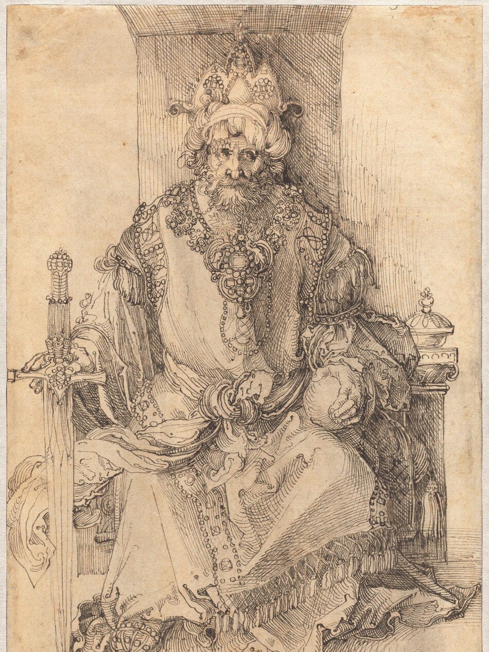 A crowned, bearded man sits facing us on a throne, and he holds a sword and orb in this vertical drawing, which was made using black ink on parchment-colored paper. A three-peaked, jeweled crown nestles in a twisted turban on the man’s head. He faces us but his eyes look to our right, and he has a long, hooked nose and flowing hair and beard. A band of ornate jewels could be a collar resting over his shoulders and on his chest, or it could be that the edge of his robe is elaborately decorated. His robe has voluminous, flowing long sleeves and his garment is decorated with bands of jewels and fringe at the shoulders, hem, and down the front. His left hand, on our right, rests on a round orb about the size of an orange, and he holds the hilt of a jewel-encrusted sword upright with his other hand so the tip of the sword rests on the ground. The artist signed the work with his initials at the bottom center: “AD.”