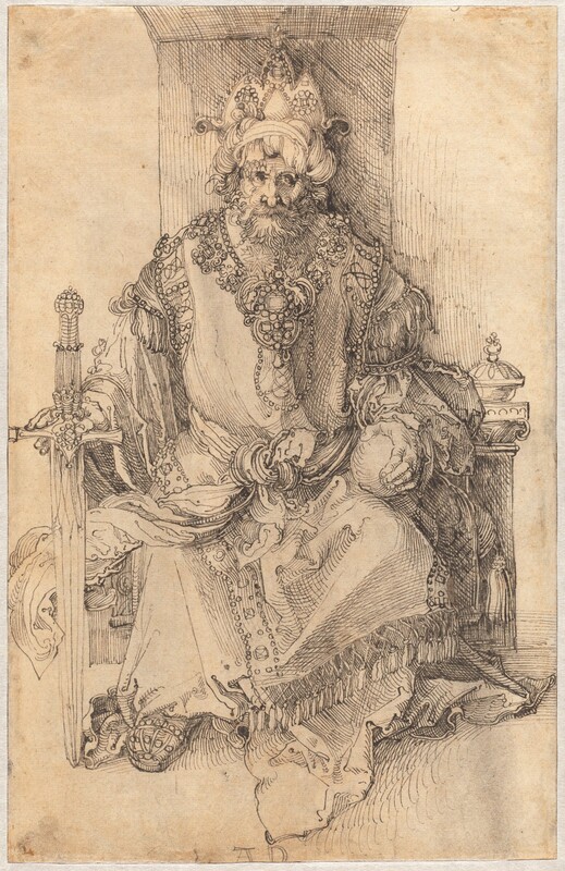 A crowned, bearded man sits facing us on a throne, and he holds a sword and orb in this vertical drawing, which was made using black ink on parchment-colored paper. A three-peaked, jeweled crown nestles in a twisted turban on the man’s head. He faces us but his eyes look to our right, and he has a long, hooked nose and flowing hair and beard. A band of ornate jewels could be a collar resting over his shoulders and on his chest, or it could be that the edge of his robe is elaborately decorated. His robe has voluminous, flowing long sleeves and his garment is decorated with bands of jewels and fringe at the shoulders, hem, and down the front. His left hand, on our right, rests on a round orb about the size of an orange, and he holds the hilt of a jewel-encrusted sword upright with his other hand so the tip of the sword rests on the ground. The artist signed the work with his initials at the bottom center: “AD.”
