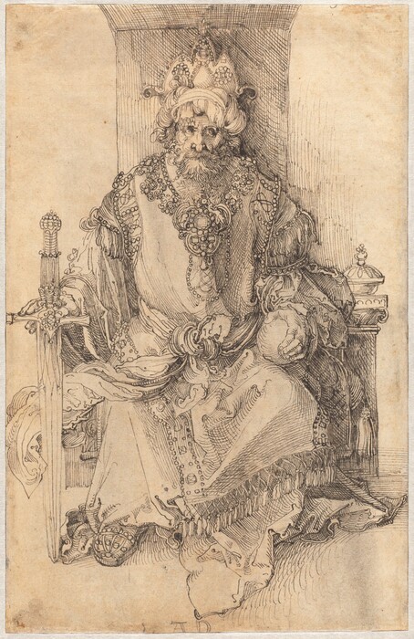 A crowned, bearded man sits facing us on a throne, and he holds a sword and orb in this vertical drawing, which was made using black ink on parchment-colored paper. A three-peaked, jeweled crown nestles in a twisted turban on the man’s head. He faces us but his eyes look to our right, and he has a long, hooked nose and flowing hair and beard. A band of ornate jewels could be a collar resting over his shoulders and on his chest, or it could be that the edge of his robe is elaborately decorated. His robe has voluminous, flowing long sleeves and his garment is decorated with bands of jewels and fringe at the shoulders, hem, and down the front. His left hand, on our right, rests on a round orb about the size of an orange, and he holds the hilt of a jewel-encrusted sword upright with his other hand so the tip of the sword rests on the ground. The artist signed the work with his initials at the bottom center: “AD.”